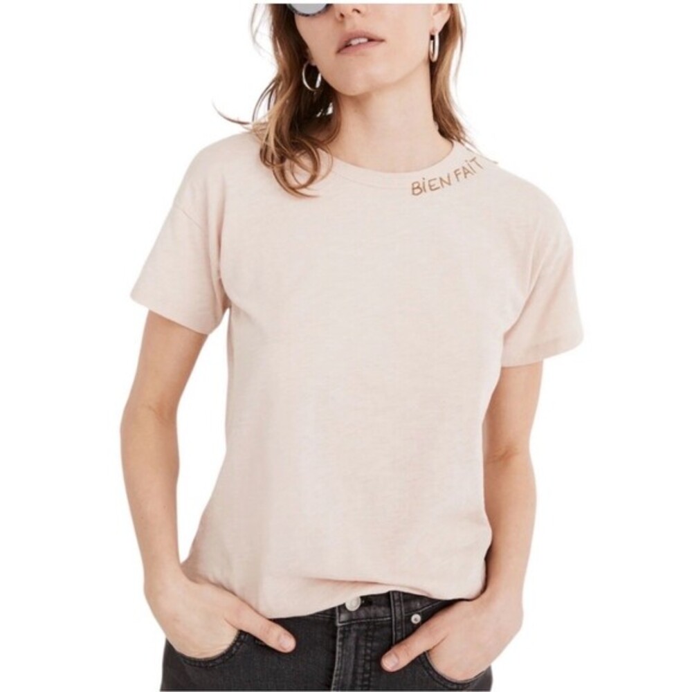 Madewell Bien Fait Embroidered Crewneck T-Shirt Womens Beige Size L